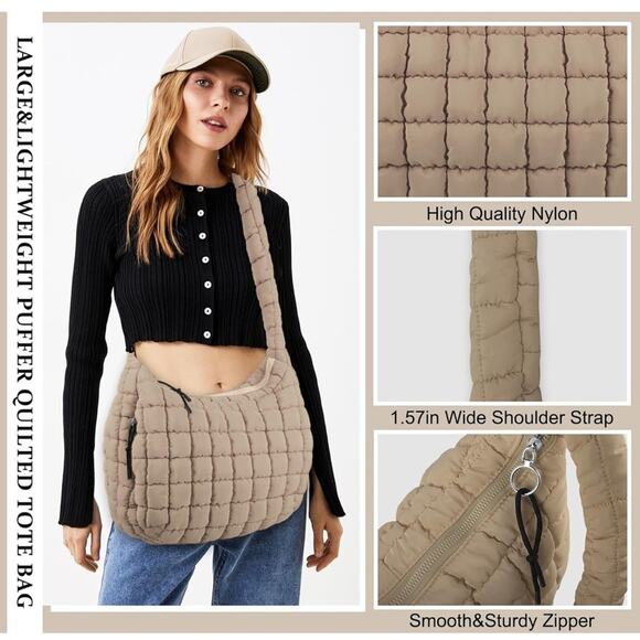 Quilted Puffer Tote Bag Purse Puffy Crossbody Shoulder Bag,Lightweight Nylon Bag - Picture 3 of 5